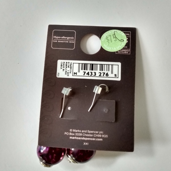 925 Sterling Silver Shepherd Hook Purple and Black Glass Bead Earrings - Picture 2 of 4